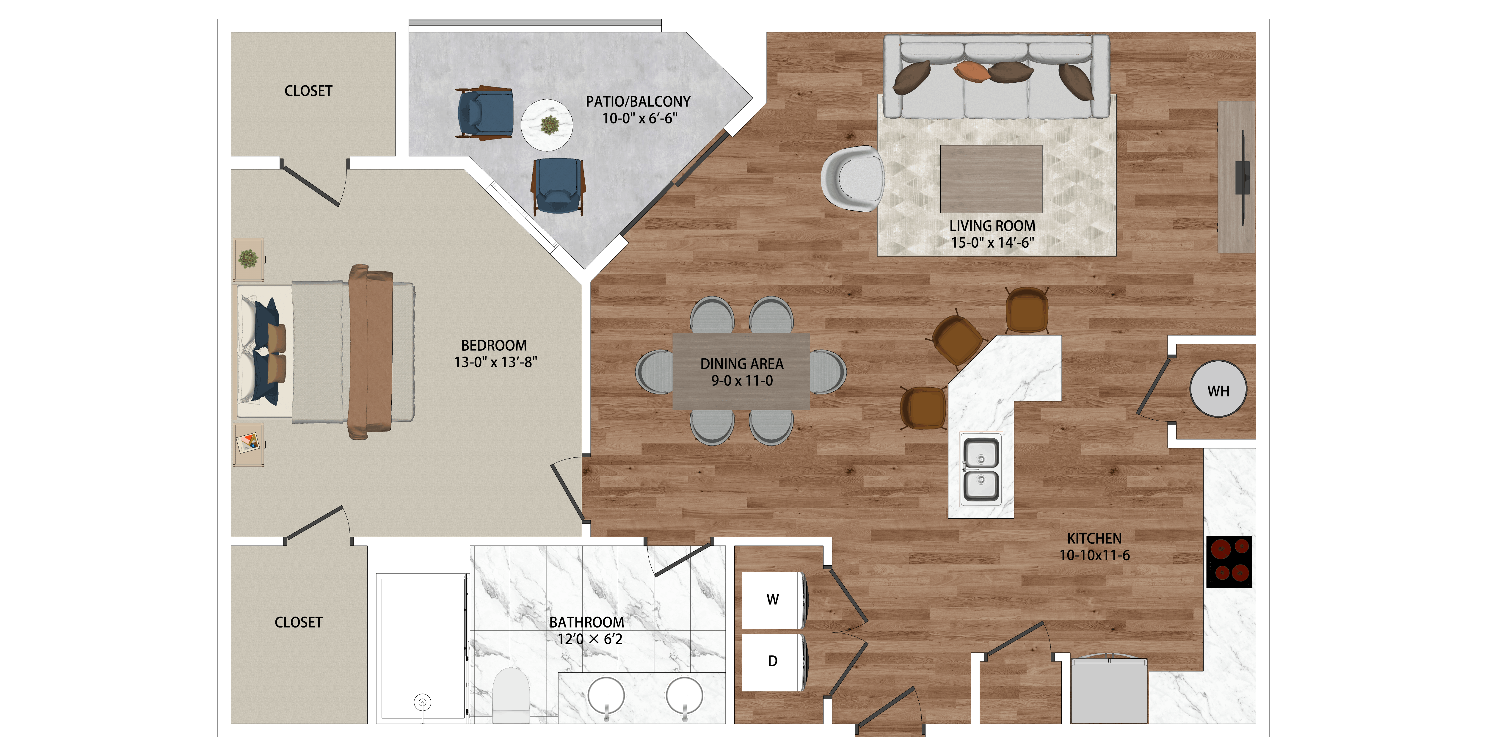 Floor plan for 1 bed, 1 bath, 924 sqft